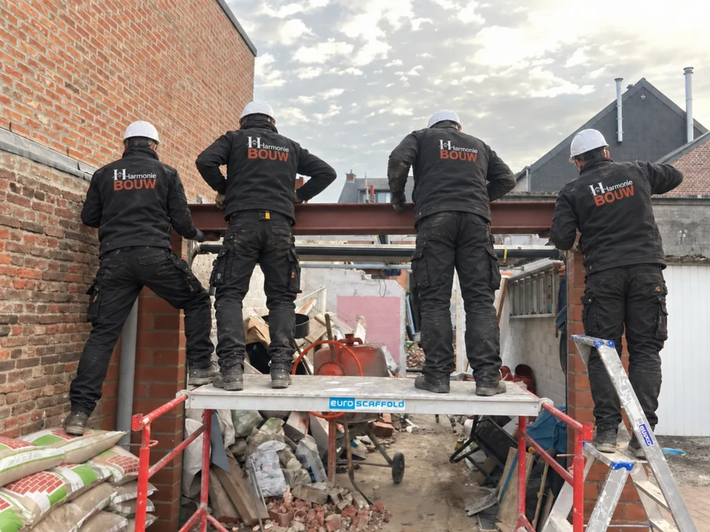 Vier vaklui van Harmonie Bouw met helm en bedrijfskledij plaatsen de stalen ligger op de garagemuur