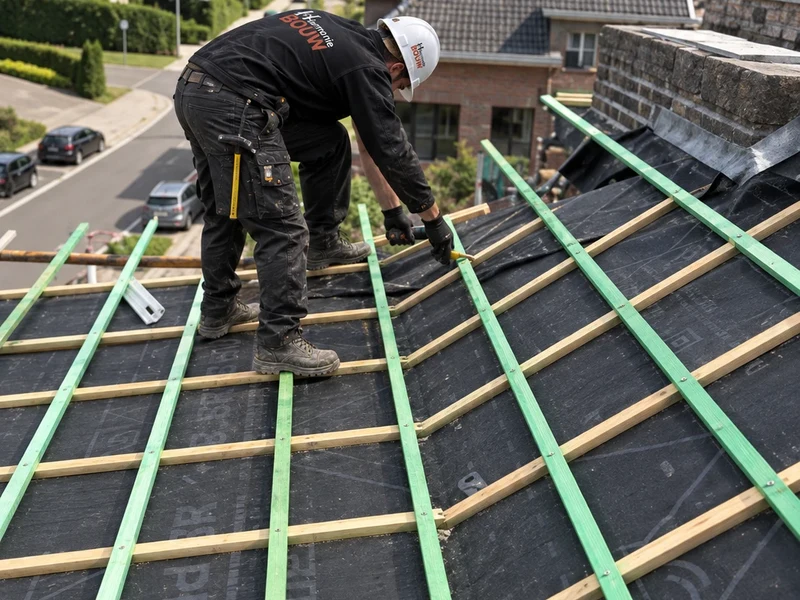 Vakman legt panlatten op het nieuwe onderdak