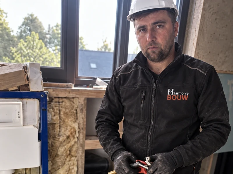 Vakman met gereedschap bij het sanitair van een badkamer