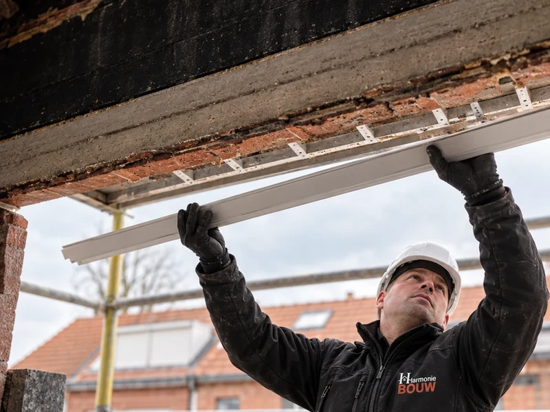 Vakman plaatst een metalen profiel in de muuropening