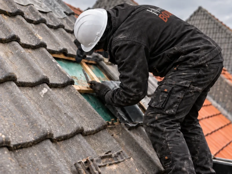 Vakman neemt dakpannen weg rond het dakraam