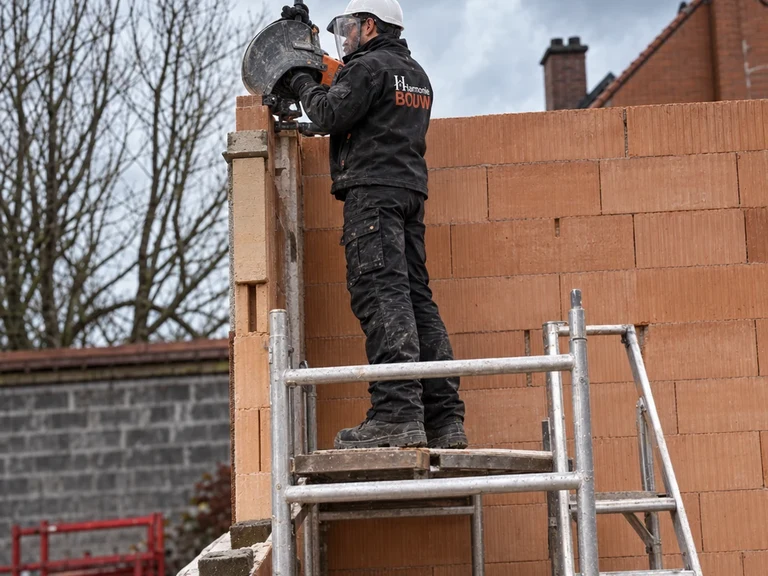 Vakman zaagt de bovenste rij snelbouwstenen op maat