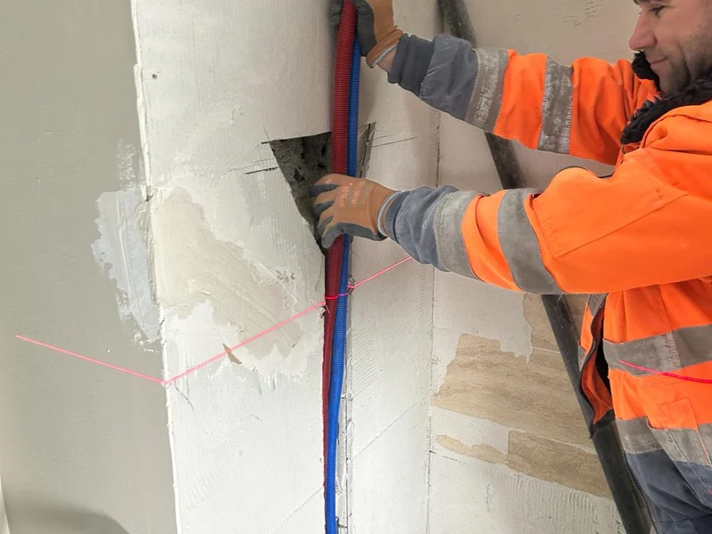vakman in fluo legt leidingen in de muur, laserlijn