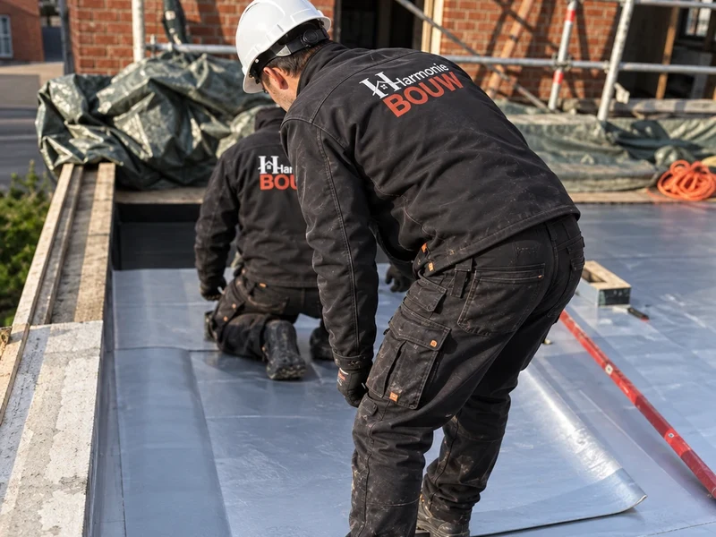 Twee vaklui leggen de EPDM-folie op een plat dak