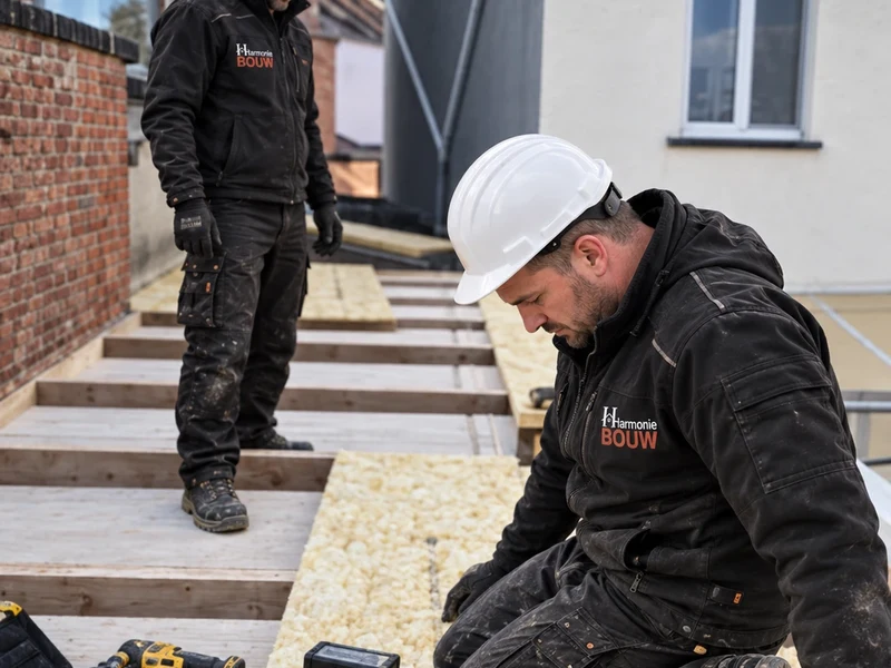 twee vaklui leggen OSB op het dak, project in Leuven
