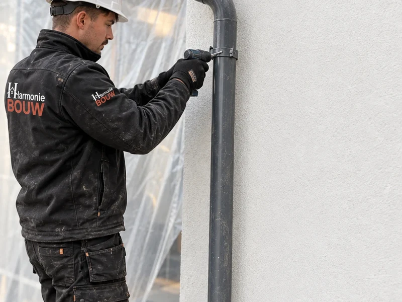 Vakman bevestigt de regenafvoer aan de gevel