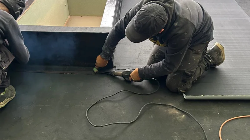 dakwerker plakt EPDM rond koepelopstand, strak zwart dakvlak