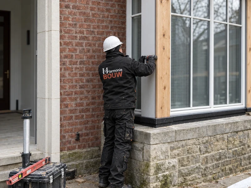 Vakman plaatst het nieuwe erkerraam
