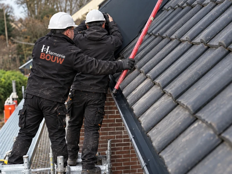 Twee vaklui werken de dakrand af vanaf de stelling