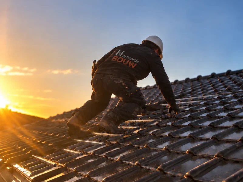 Dakwerker legt de laatste pannen bij zonsondergang