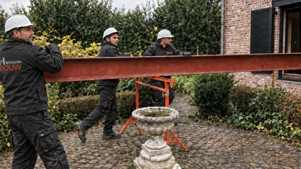 vier vaklui dragen de stalen poutrel door de tuin, sterk teambeeld, check gezichten