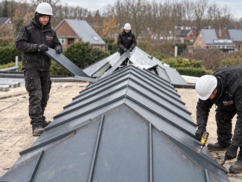Drie vaklui plaatsen de metalen dakbedekking op de nok