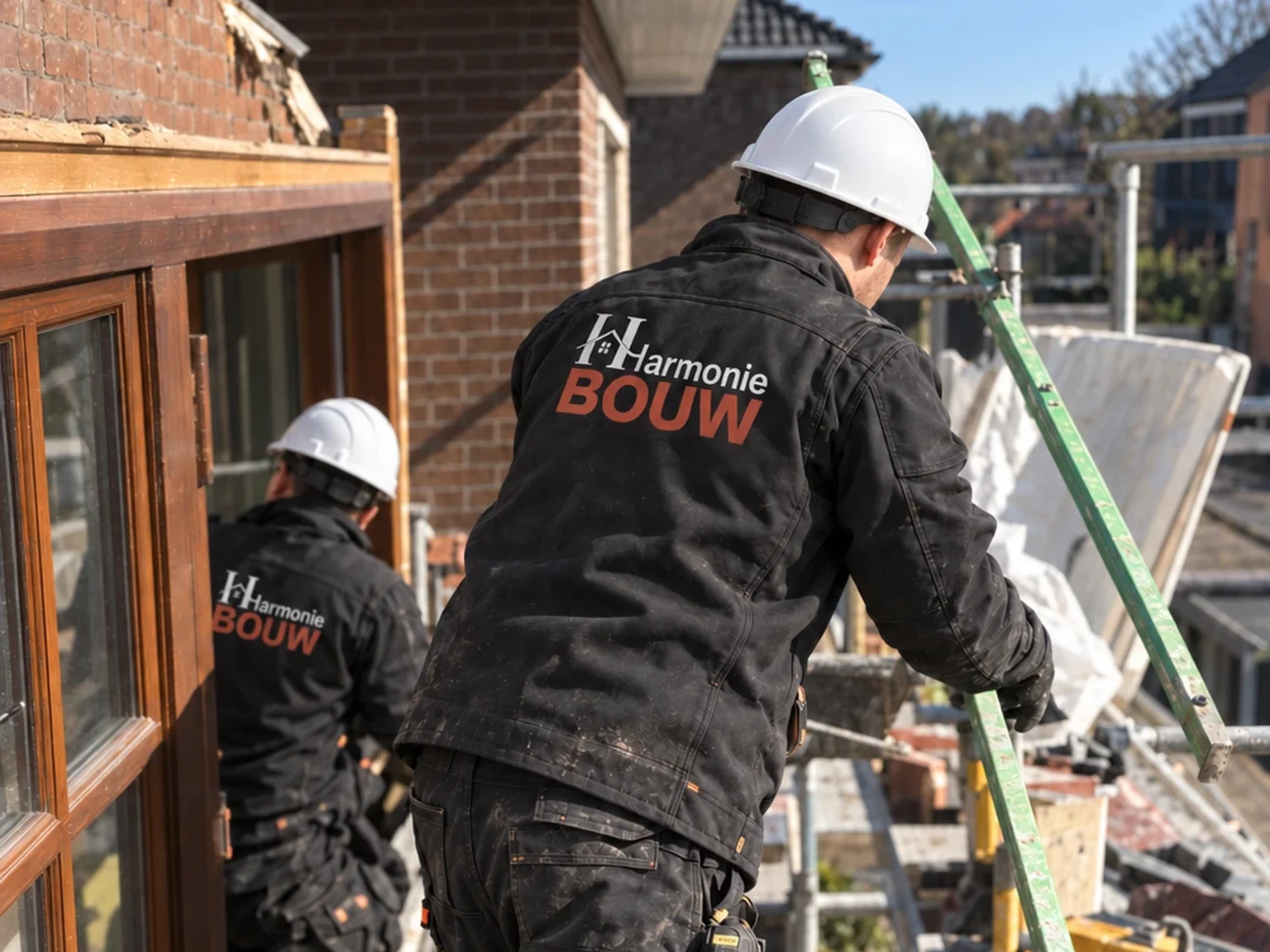 Twee vaklui met helm en bedrijfskledij op de stelling bij de nieuwe ramen van een woning in renovatie