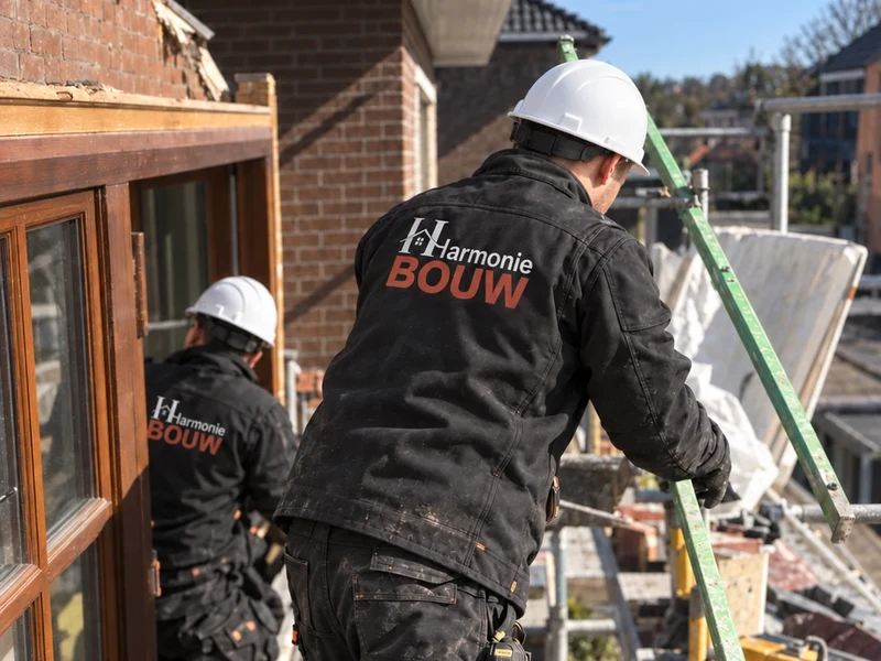 Twee vaklui met helm en bedrijfskledij op de stelling bij de nieuwe ramen van een woning in renovatie