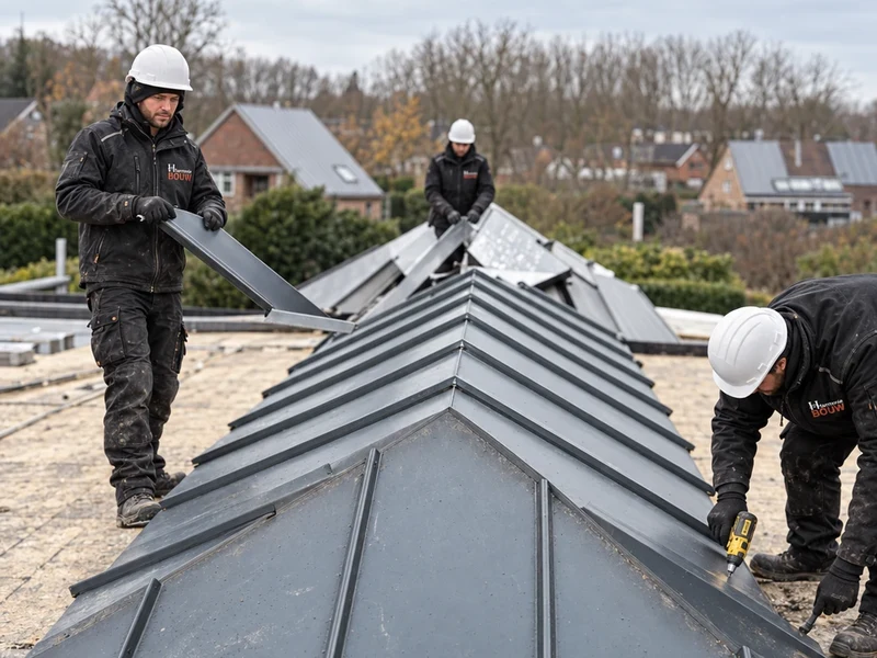 Drie vaklui met helm en bedrijfskledij plaatsen de metalen dakbedekking op de nok