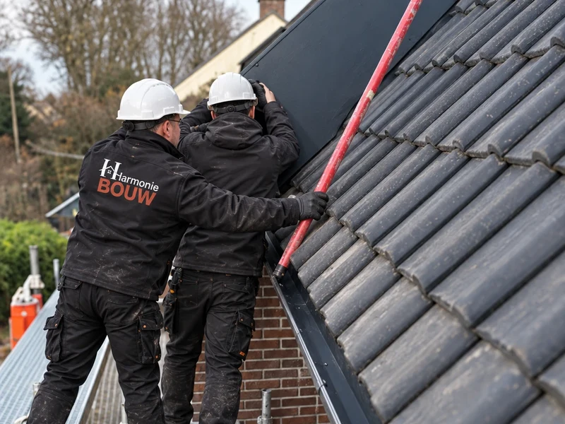 Twee vaklui met helm en bedrijfskledij werken de dakrand af vanaf de stelling