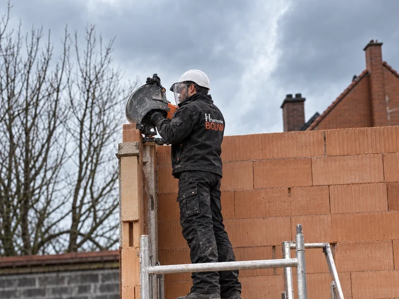 Vakman met helm en gelaatsbescherming zaagt de bovenste rij snelbouwstenen