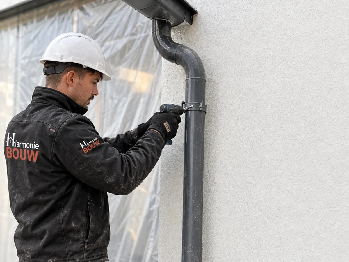 Vakman van Harmonie Bouw met helm en bedrijfskledij bevestigt de regenafvoer