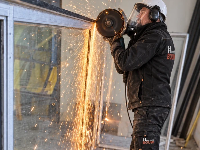 Vakman van Harmonie Bouw met helm en gelaatsscherm slijpt een stalen raamkader los