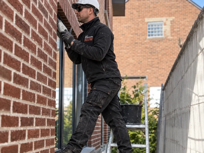 Vakman van Harmonie Bouw met helm en bedrijfskledij kit een raam af vanaf de ladder