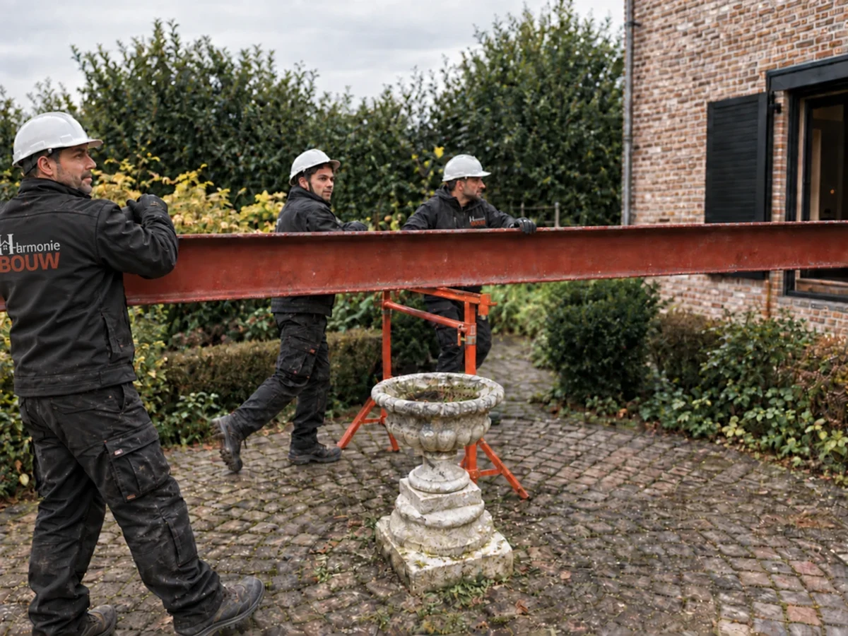 Drie vaklui van Harmonie Bouw met helm en bedrijfskledij dragen een stalen ligger naar de werf