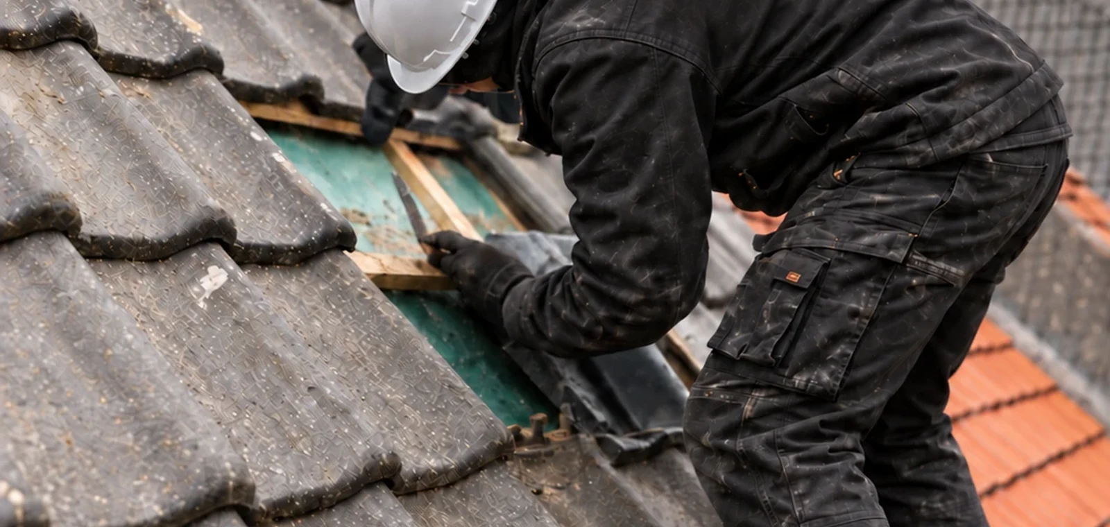 Vakman neemt dakpannen weg rond het dakraam