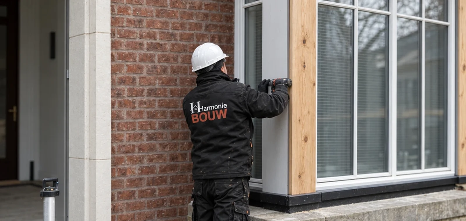 Vakman plaatst het nieuwe erkerraam