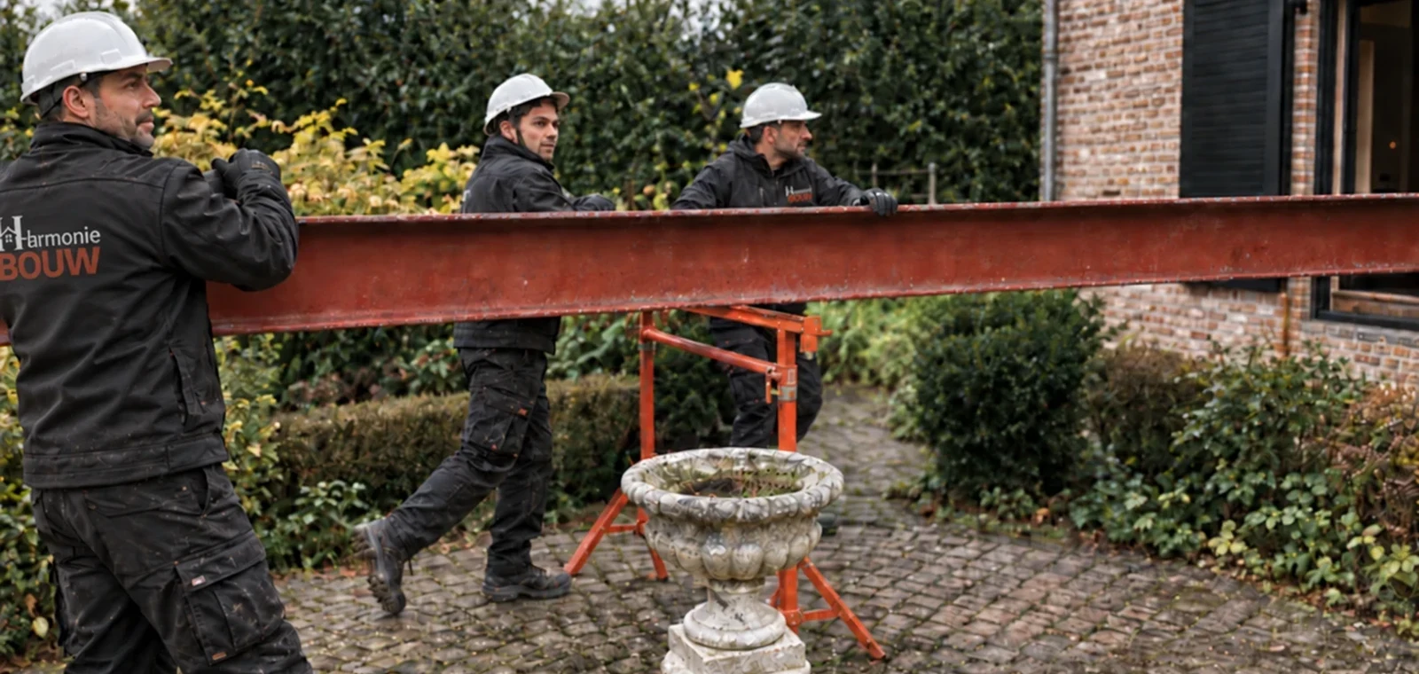 Drie vaklui dragen een stalen ligger naar de werf